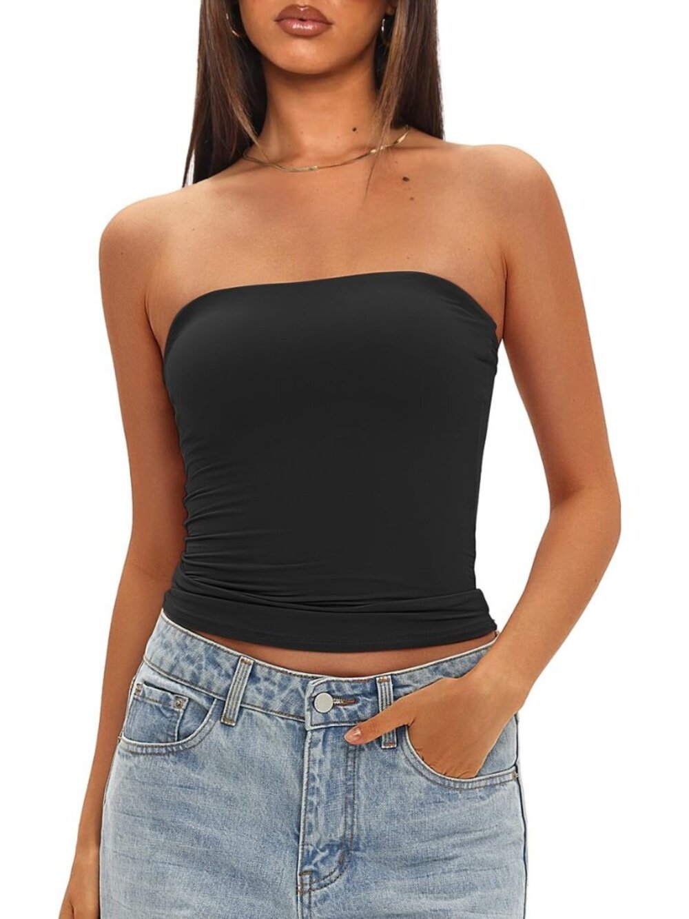 Women's Tube Top Double Lined Strapless Bandeau Top with Built-in Bra Summer